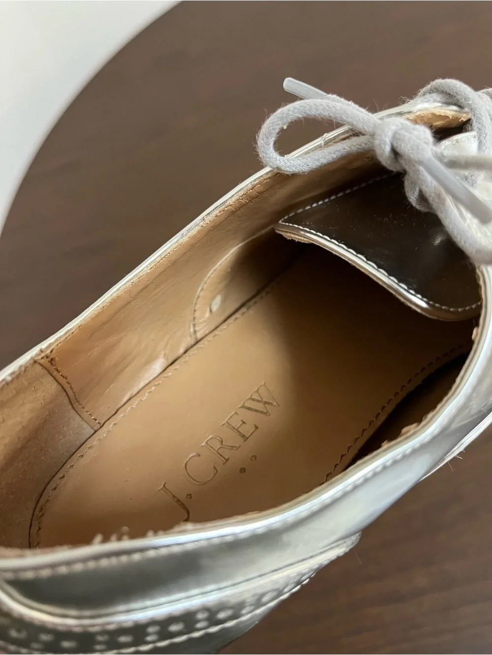 J.Crew Womens 7.5 Silver Metallic Leather Oxfords Cap Toe Brogue Lace Up